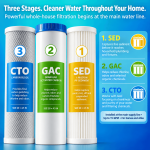 Three stage filtration showing 1 micron sediment GAC and CTO filter cartridges