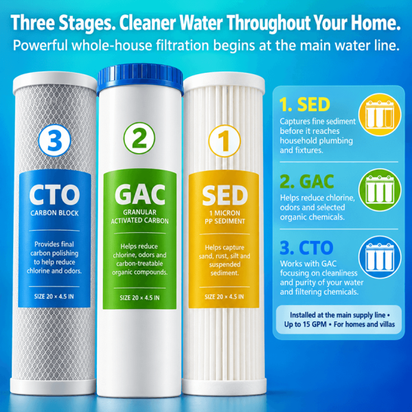 Three stage filtration showing 1 micron sediment GAC and CTO filter cartridges